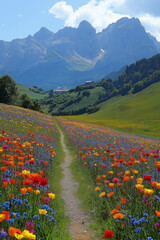 Photo réaliste professionnelle d’une prairie pittoresque de campagne avec un chemin sinueux, des fleurs éclatantes en pleine floraison, et des collines ondulantes en arrière-plan