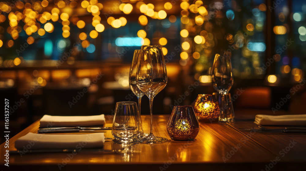Poster elegant restaurant table setting with illuminated glasses and candles, creating warm and inviting at