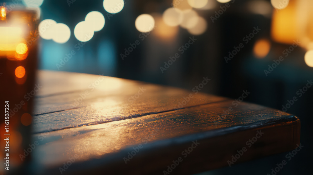 Poster close up of wooden table illuminated by soft bokeh lights, creating warm and inviting atmosphere. ge