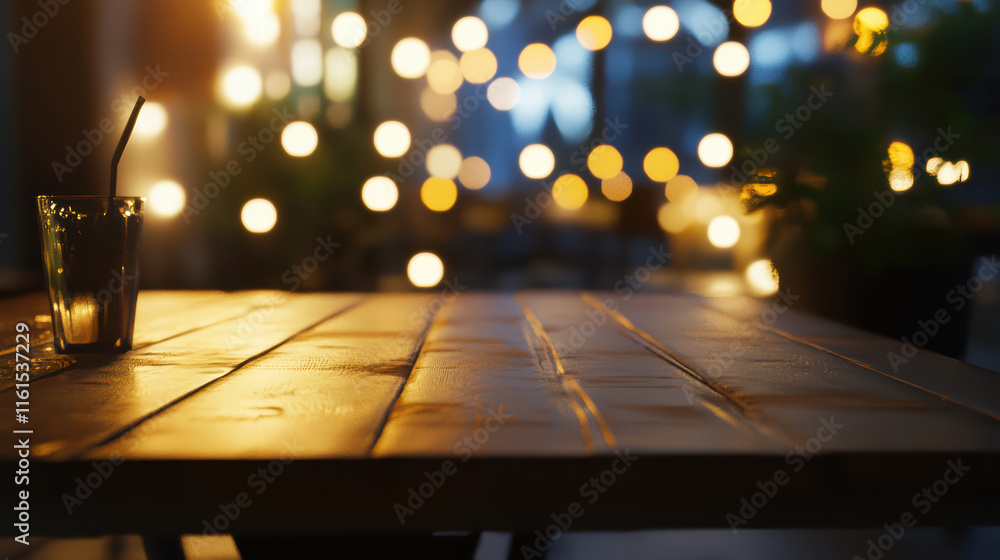 Poster beautifully illuminated wooden table with glass and straw, surrounded by soft bokeh lights creating 