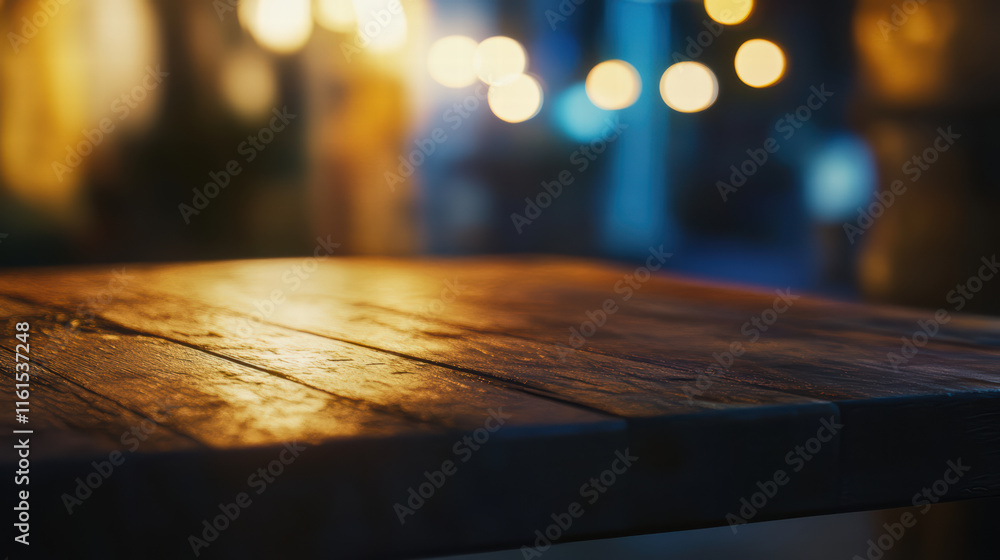 Poster artistic wooden table top illuminated by gentle bokeh lights creates warm and inviting atmosphere, p