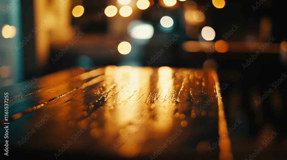 Poster beautifully illuminated wooden table top glistens under soft bokeh lights, creating warm and invitin
