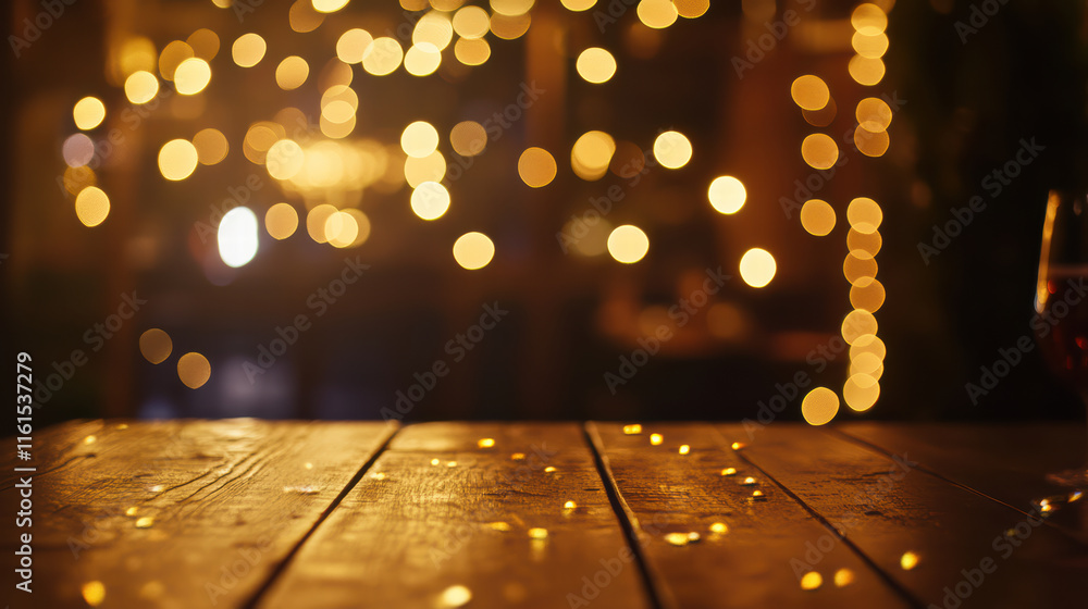 Poster charming wooden table top adorned with twinkling bokeh lights, creating warm and inviting atmosphere