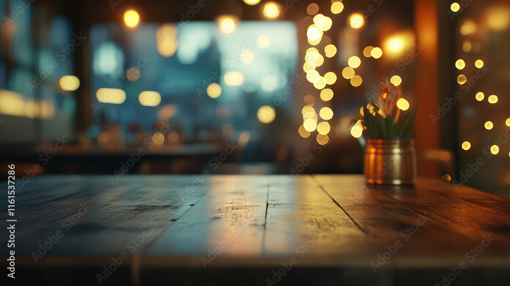 Poster charming wooden table top adorned with twinkling bokeh lights, creating warm and inviting atmosphere