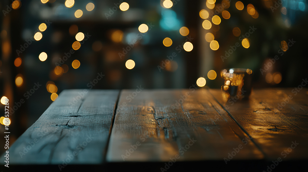 Poster charming wooden table top adorned with twinkling bokeh lights creates warm and inviting atmosphere, 
