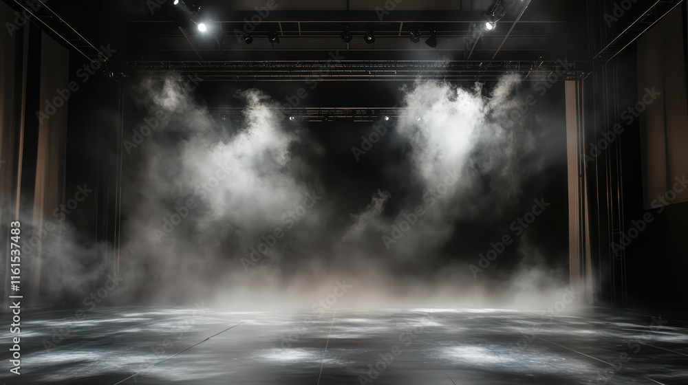 Poster stage illuminated by soft lights, surrounded by drifting clouds of mist, creates mysterious and atmo