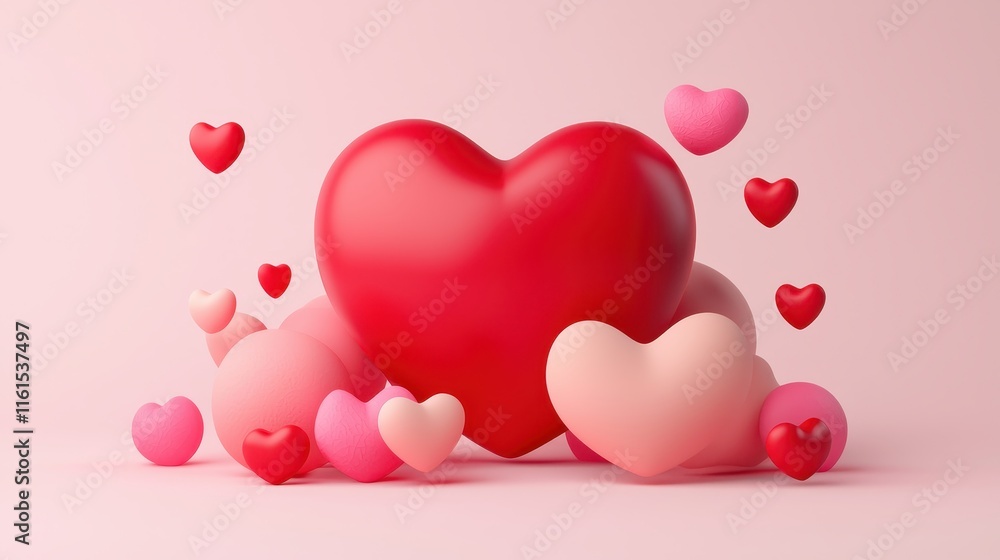 Poster a collection of colorful hearts in various sizes, creating a romantic and cheerful atmosphere agains