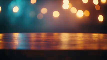 chic wooden table top illuminated by vibrant bokeh lights creates warm and inviting atmosphere, perfect for gatherings or special occasions