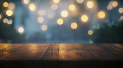 chic wooden table top illuminated by vibrant bokeh lights creates warm and inviting atmosphere, perfect for gatherings or cozy moments