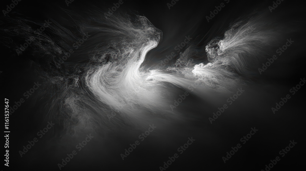 Poster dense mist swirling in dark room, creating ethereal atmosphere and depth. interplay of light and sha