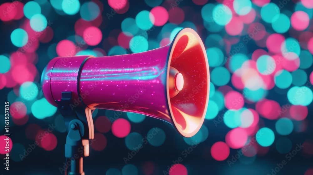 Poster a vibrant megaphone stands in front of colorful bokeh lights, symbolizing communication and attentio
