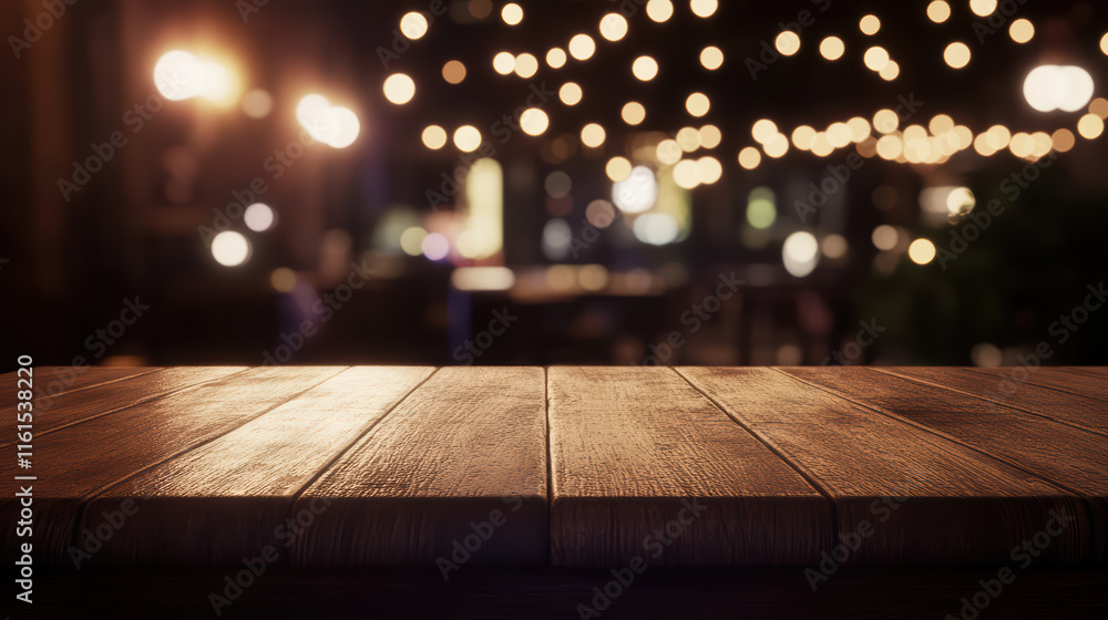 Aufkleber elegant empty wooden table top adorned with twinkling bokeh lights, creating warm and inviting atmos