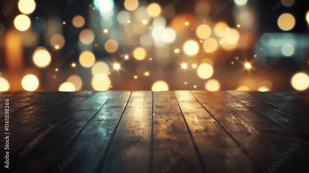 Aufkleber elegant empty wooden table top adorned with twinkling bokeh lights, creating warm and inviting atmos