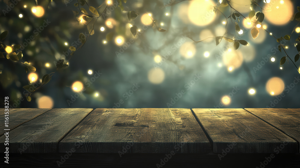 Poster elegant empty wooden table top adorned with twinkling lights, creating warm and inviting atmosphere 
