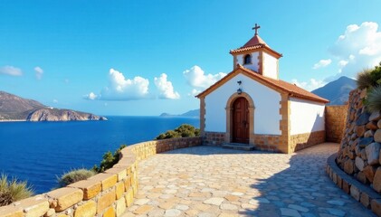 Obraz premium Traditional Ibicencan church with blue sky and Mediterranean , romanesque architecture, blue sky