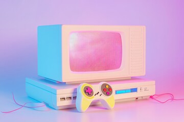 Retro gaming console with a colorful design on display in a creative setup for nostalgic gaming enthusiasts. Generative AI