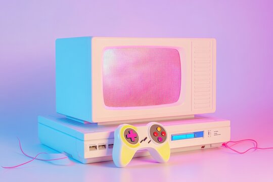 Retro gaming console with a colorful design on display in a creative setup for nostalgic gaming enthusiasts. Generative AI