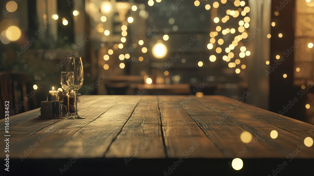 Aufkleber rustic wooden table is beautifully set with glasses and candles, surrounded by sparkling bokeh light