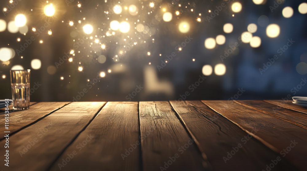 Aufkleber rustic wooden table top is illuminated by sparkling bokeh lights in background, creating warm and in