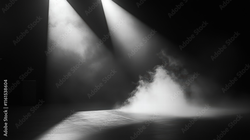 Poster ethereal fog rolling across dark stage, illuminated by dramatic lighting, creates mysterious atmosph
