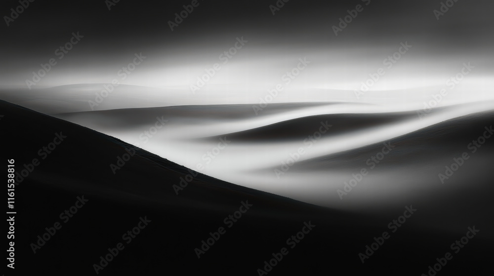 Poster serene landscape featuring rolling hills shrouded in fog, creating mysterious and tranquil atmospher