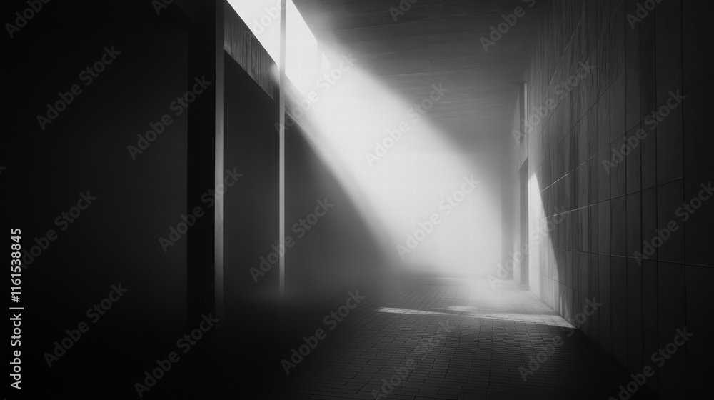 Poster mysterious fog envelops shadowy corridor, with beams of light piercing through, creating ethereal at