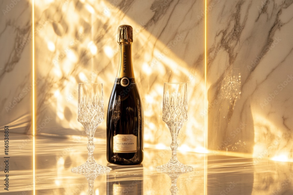 Poster premium champagne bottle with crystal flutes perfectly displayed in elegant setting for a celebrator