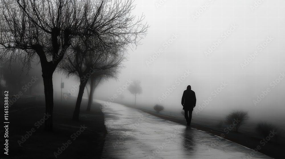 Poster solitary figure walks along foggy path, surrounded by shadowy trees, creating mysterious and contemp