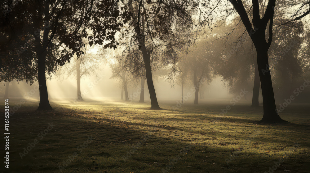 Poster misty forest landscape with trees casting shadows in soft light, creating serene and tranquil atmosp