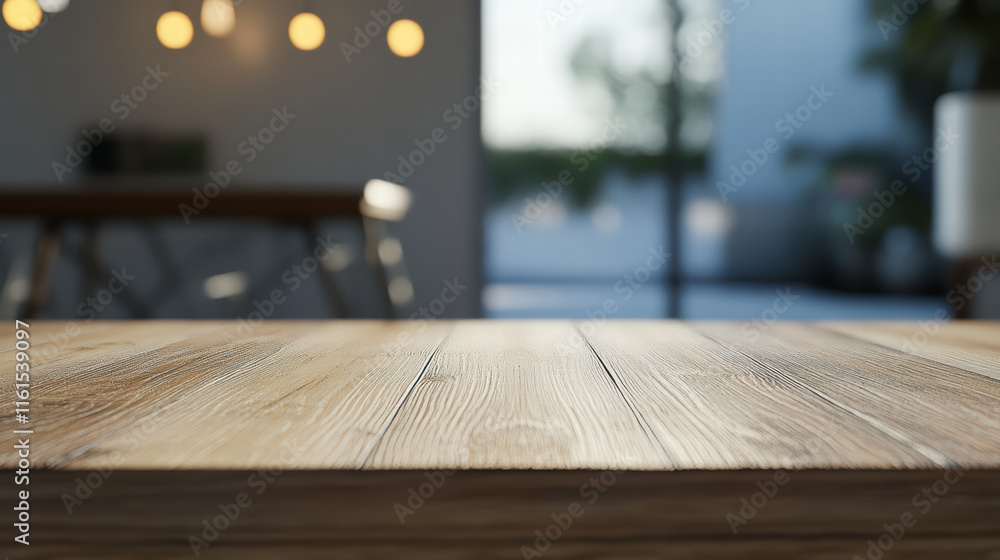 Poster inviting wooden table top enhanced by soft bokeh lights in cozy setting. warm tones and textures cre