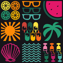 Bright summer seamless pattern featuring tropical elements with fruits, drinks, and sunny weather motifs