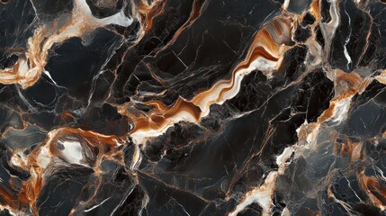 Abstract black marble texture with orange and white veins.