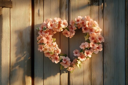 Pink flower heart shaped wreath on wooden door