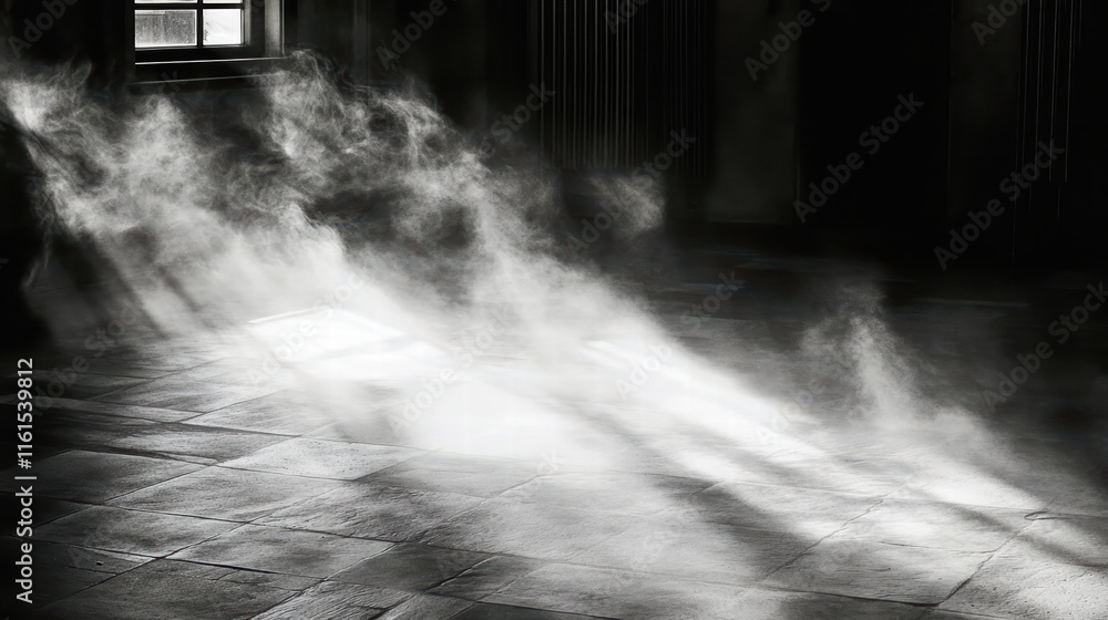 Aufkleber mysterious fog flowing on floor creates inviting atmosphere, evoking curiosity and intrigue in dimly