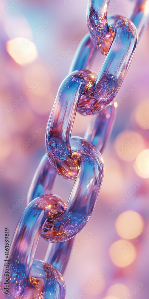 Poster iridescent holographic chains captured in hyper-realistic macro photography with a pastel background