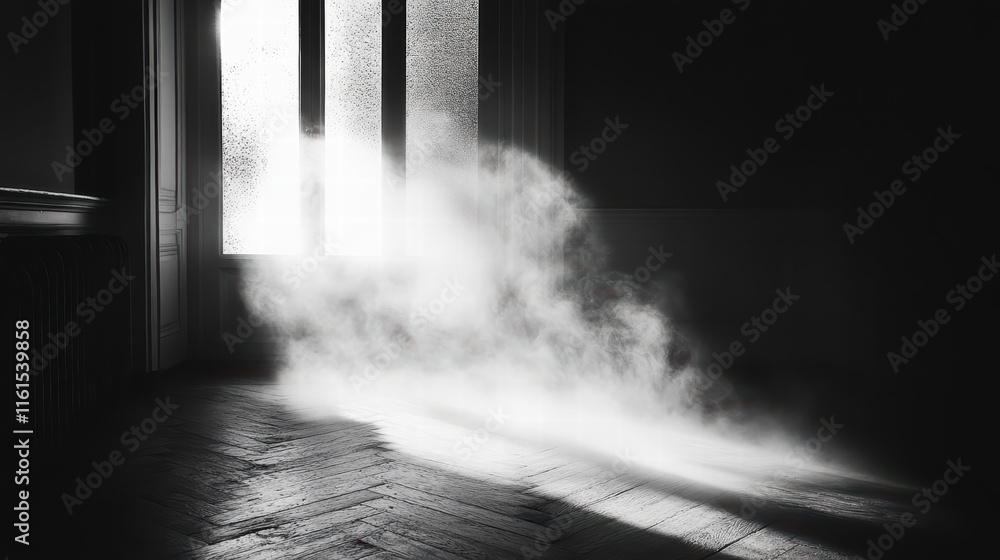 Poster mysterious fog flowing on floor creates inviting atmosphere, evoking curiosity and intrigue in dimly