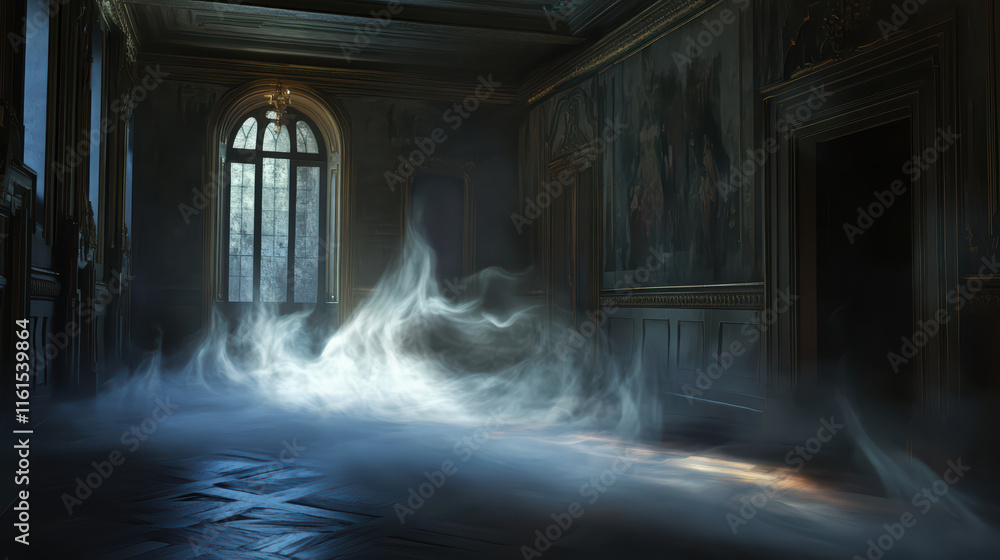 Poster mysterious fog flowing on floor, inviting curiosity in elegant room. soft light enhances atmosphere,