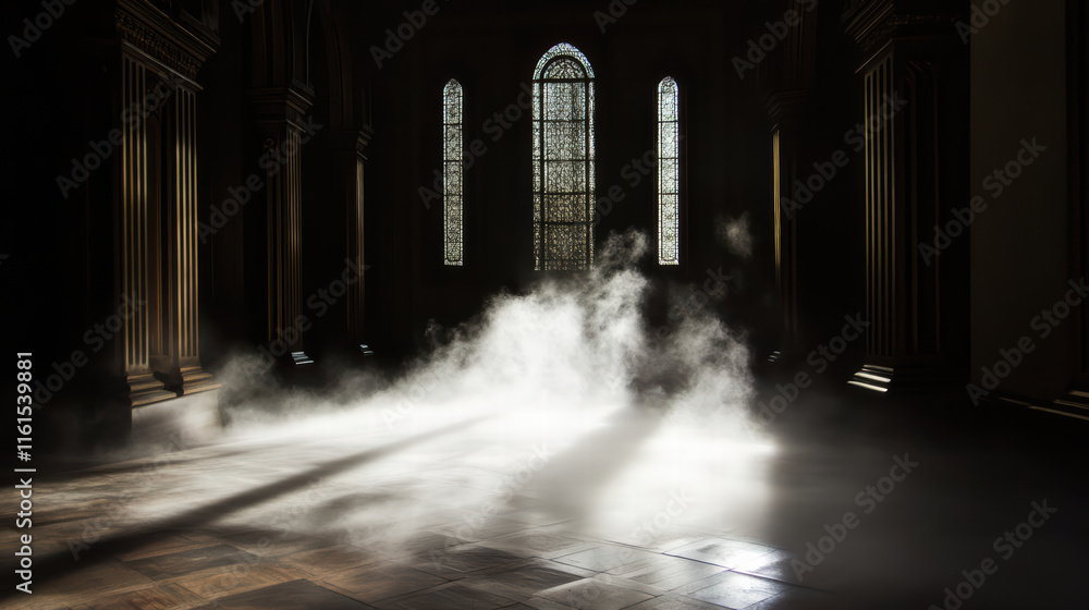 Aufkleber mysterious fog flowing on floor creates inviting atmosphere in dimly lit space. interplay of light a