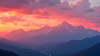 Vibrant Sunset Landscape, Pink, Purple, and Orange Hues over Majestic Mountains and Serene Valley