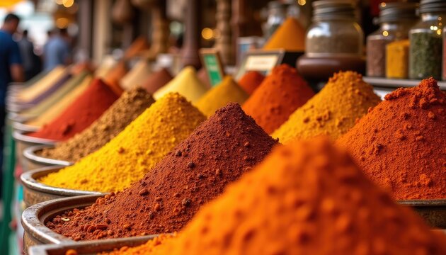 Vibrant spices in mounds displayed at a market with a blurred background, showcasing rich colors and textures