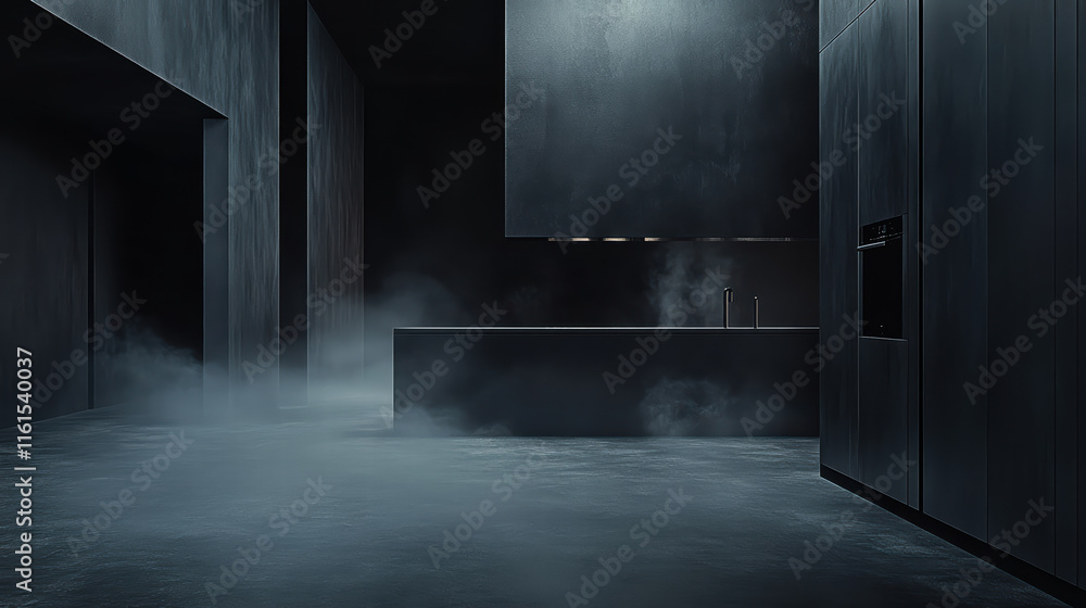 Poster modern kitchen shrouded in mysterious mist, creating inviting yet eerie atmosphere. sleek design and
