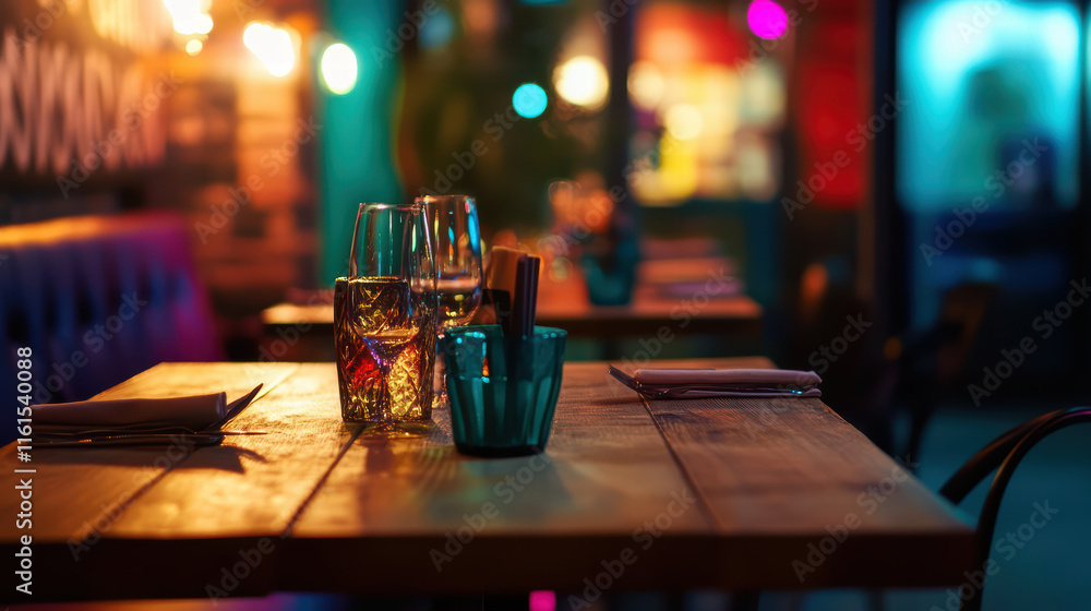 Poster cozy restaurant table set with glasses and utensils, illuminated by colorful bokeh lights, creating 