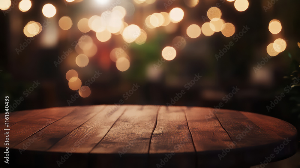 Poster natural wooden table top with warm bokeh lights creating cozy atmosphere. blurred background enhance