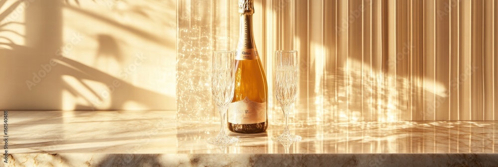 Poster premium champagne bottle and crystal flutes elegantly displayed in soft sunlight on a marble surface