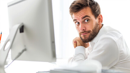Fototapeta premium An employee who is curious about a new software tool. on an isolated white background, object focused, png, stock image, hd quality