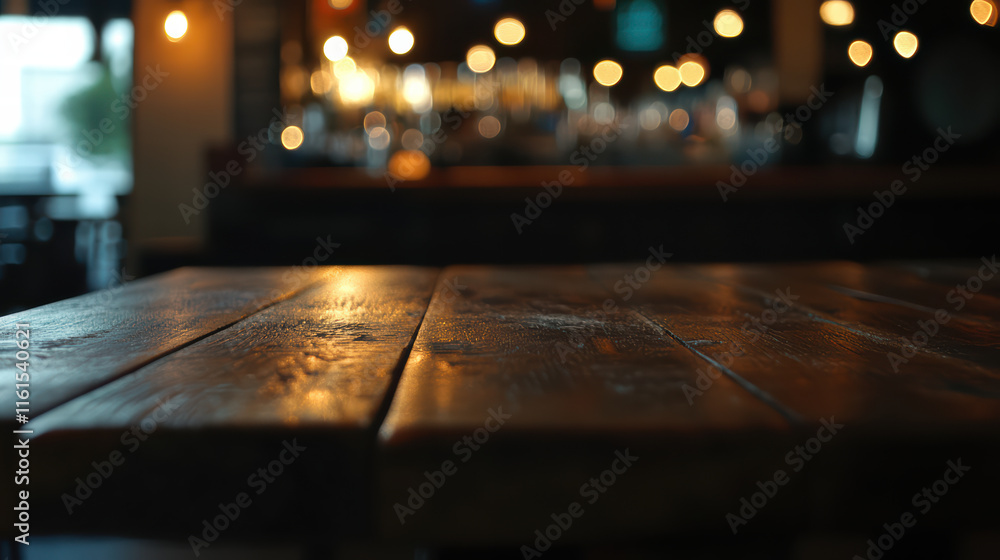 Aufkleber rustic wooden table top glowing with bokeh lights in cozy setting, creating warm and inviting atmosp