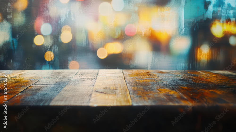 Poster rustic wooden table top glowing with bokeh lights in background, creating warm and inviting atmosphe