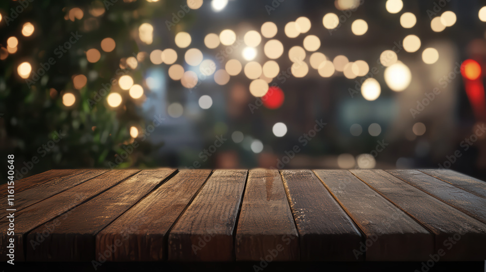 Aufkleber rustic wooden table top glowing with bokeh lights in cozy setting, creating warm and inviting atmosp