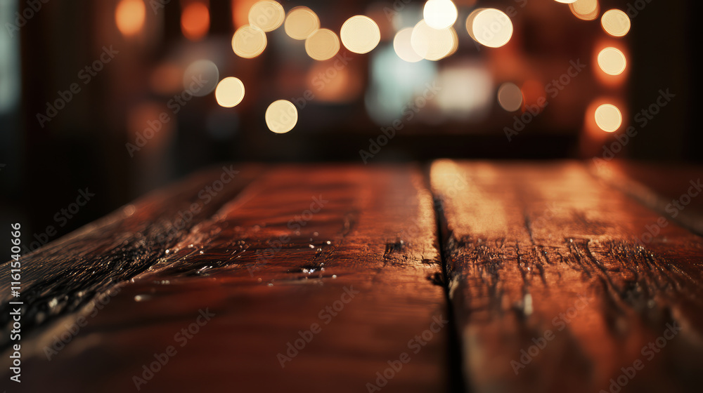 Aufkleber rustic wooden table top with glowing bokeh lights in background creates warm and inviting atmosphere
