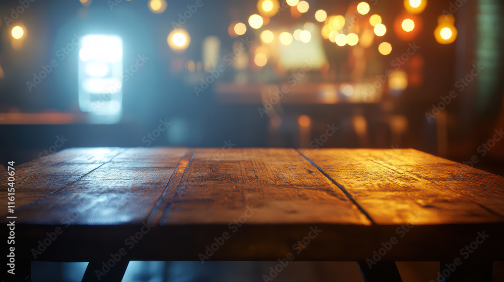 Aufkleber rustic wooden table top glowing with bokeh lights in cozy setting, creating warm and inviting atmosp
